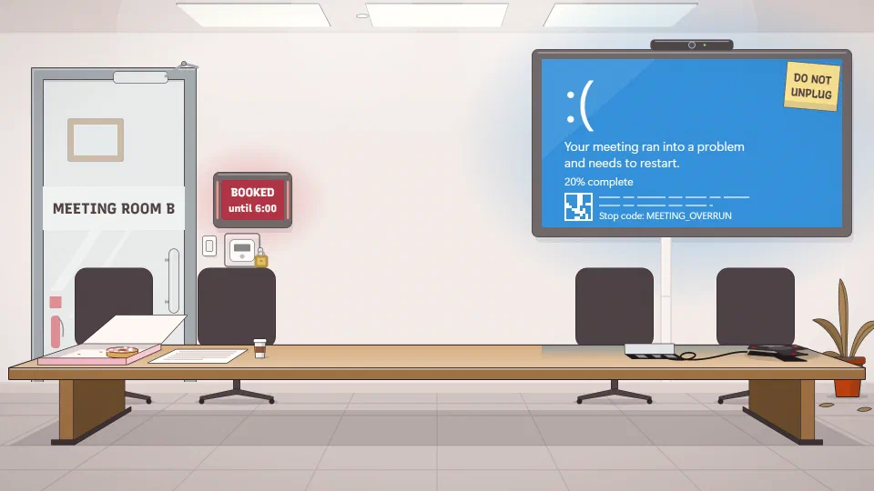 A meeting room with a long table and empty chairs. The screen on the wall has crashed to blue, with a sad face and the stop code MEETING_OVERRUN.
