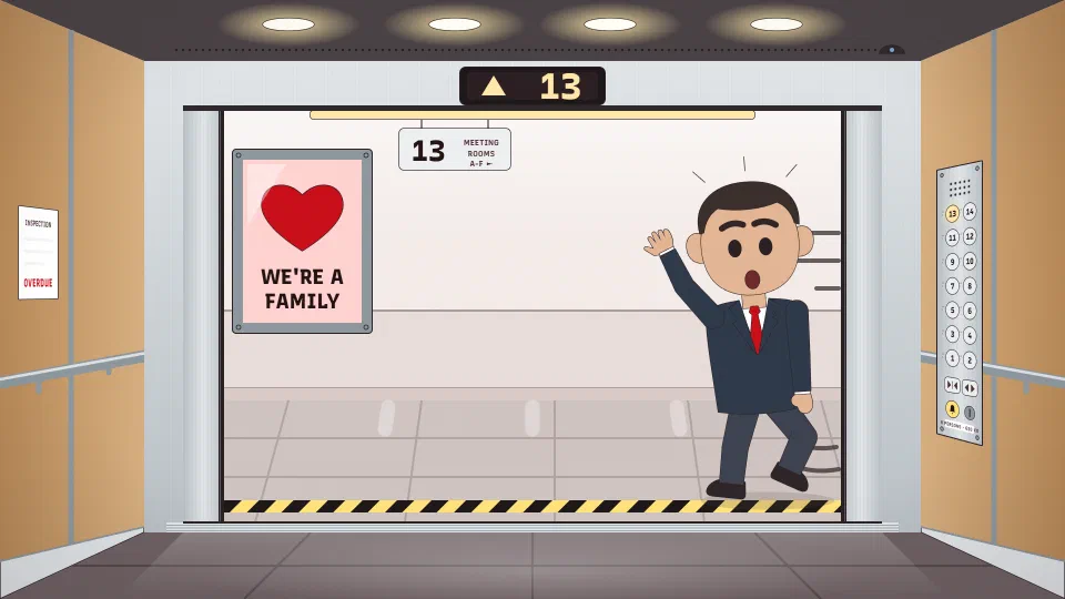 Inside an office elevator with its doors open on the lobby. The panel shows floor 13, and a manager in a red tie runs across the lobby toward the doors.