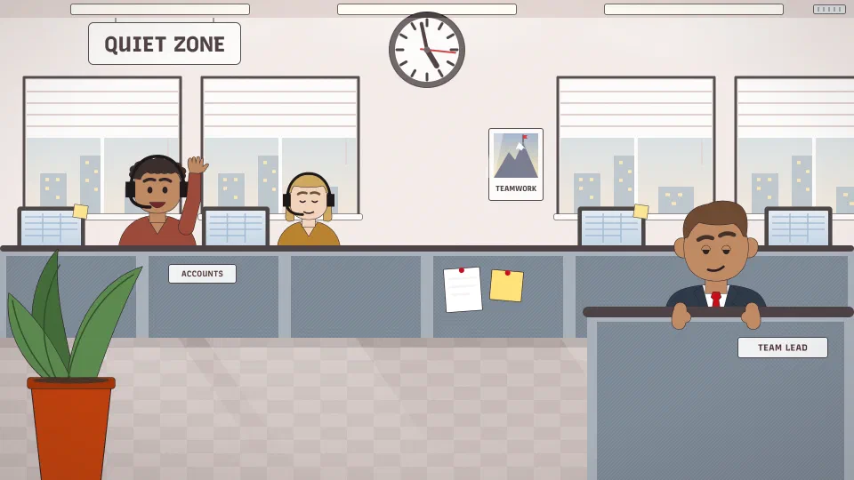 An open-plan office under a sign reading Quiet zone: two coworkers in headsets sit behind the partitions on the left, one waving, and on the right a manager leans on a gray partition with one eyebrow up. A wall clock reads 4:58.