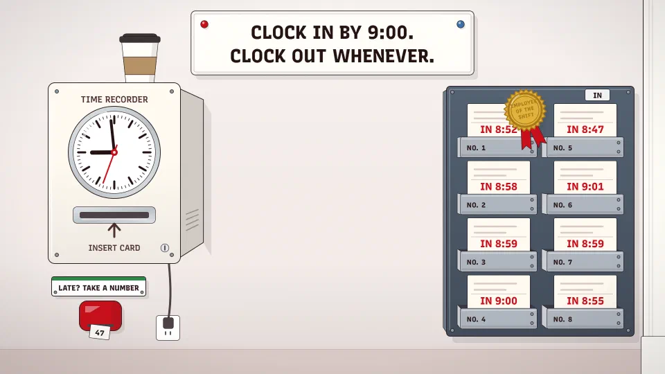 A wall with a punch clock at 8:59 on the left, a rack of time cards on the right with a gold Employee of the shift seal on the top card, and a notice across the top reading Clock in by 9:00. Clock out whenever.